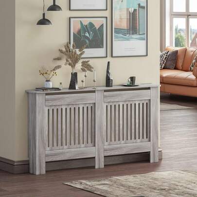 Radiator Cover Grey Modern MDF Vertical Slats Wooden Top Cabinet For Living Room Bedroom Hallway, Large