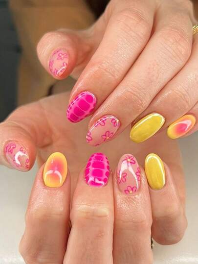 24pcs/Set Oval Spring/Summer Pink Crocodile Floral Adhesive Short Fake Nails, Suitable For Hot Girls, Office Ladies, Parties, Dates And Daily Wear