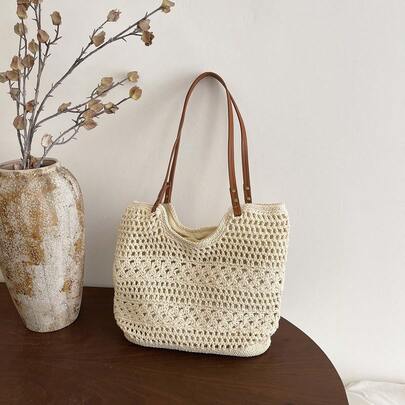 Spring & Summer Beach Vacation Knitted Bag, New Minimalist Handmade Woven Large Capacity Shoulder Tote Bag, Suitable For Shopping, Wallet, Shopping, Young Women, College Students, Newlyweds, White-Collar. Ideal For Office, University, Work, Business, Commuting, Outdoor Activities, Travel And Picnics