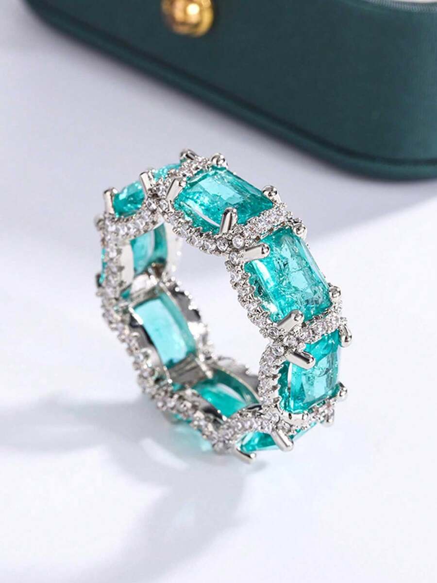 Nhẫn hình chữ nhật độc đáo với bốn chấu, màu xanh lá cây, đính đá zirconia tổng hợp, quà tặng trang sức dành cho phụ nữ. - trắng - Xem 1