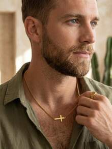 男士18K镀金304不锈钢侧十字架吊坠项链 - 简约男士链首饰，防褪色防水 - 彩色 - 查看 3