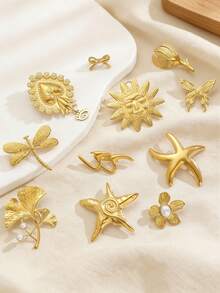 Broche de aço inoxidável com design de estrela-do-mar, flor, laço, estrela e formas geométricas. Acessório de joalheria elegante e minimalista para mulheres, ideal para uso diário, festas e eventos. - Ouro amarelo - Ver 3