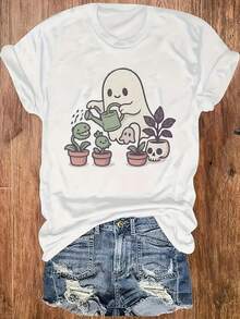 Plus Size - Plus Size - Adorable Halloween-Themed Garden Tee For Women - Features Cheerful Ghosts, Cacti, And Skull-Shaped Flower Pots, Perfect For Casual Gatherings (Halloween Apparel) - Charming Plant Design - 黑色 - 查看 6