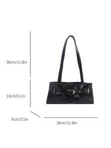 Women's Belt Buckle Shoulder Bag, Glossy Oil Leather Crossbody Bag, Versatile Underarm Bag For Commuting - Black - View 7