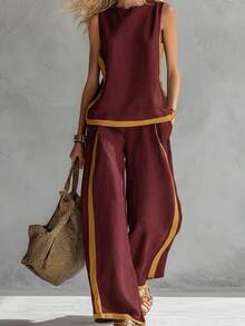 Women's Spring And Summer New Sleeveless Contrasting Vest Wide Leg Pants Two-Piece Set, Fashionable Commuting Set - Burgundy - View 3