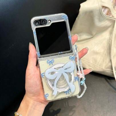 Polka Dot Bow Magnetic Holder Folding Phone Case With Chain, Cartoon Cute Protective Cover For Samsung Galaxy Z Flip3 5G/Galaxy Z Flip 4 5G/Galaxy Z Flip 5 5G/Galaxy Z Flip 6 5G/Galaxy Z Flip 7 5G