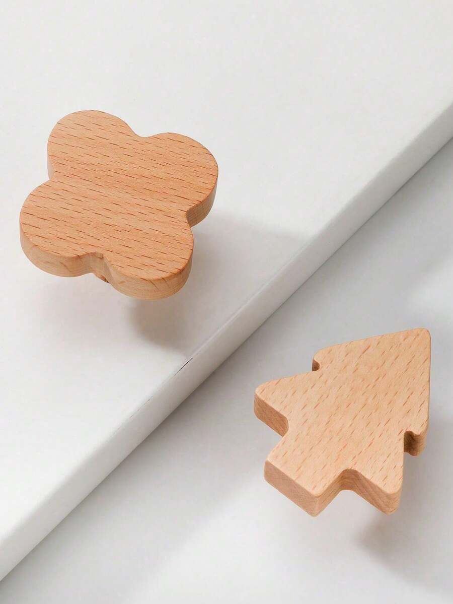 2个木质抽屉拉手，树形和四叶草造型橱柜把手 - 櫸木 - 查看 1