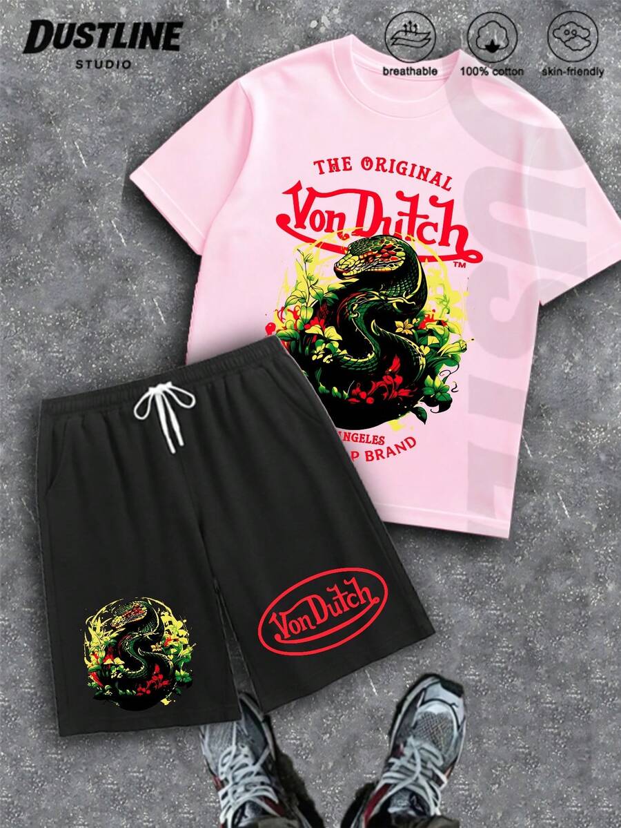 Mens Creative VON-DUTCHS T Shirt And Shorts Set American Vintage Full Print Street Wear Essential Graphic T Shirt And Shorts Set With Dragon And Logo Print For Casual Outfits - Màu Hồng baby - Xem 1