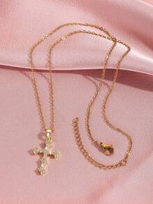 1pc Stainless Steel Cross Pendant Necklace With Zirconia, Suitable For Women's Daily Wear - 黃金-1 - 查看 4