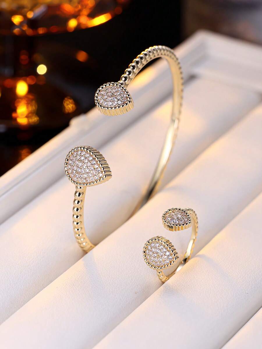 1 Set Elegant Niche Design Heart-Shaped Open Bangle & Ring Set, Delicate Versatile Commuter Jewelry, Suitable For Gifting & Daily Wear - Bracelet Ring Set - View 1