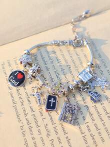 1件耶稣十字架宗教手链，圣经十字架DIY手链，宗教心形樱花手链，十字架天使心形手链 - 銀色 - 查看 3