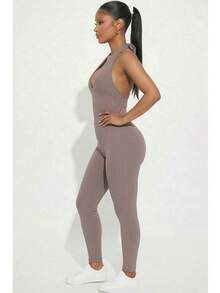 Women's Rib Knit Halter V-Neck Bodycon Jumpsuit - Casual Solid Color, Slim Fit Summer Jumpsuit, Polyester, Machine Washable - Taupe - View 2