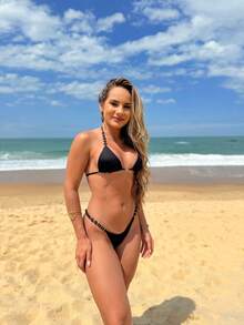 Jade Bikini With Pearls, Luxury Beach Set For Women, Summer, Bathing, And Sea - 黑色 - 查看 5