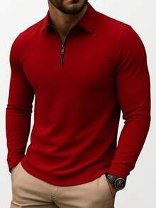 Premium Long-Sleeved Polo Shirt With Zipper. - 紅色 - 查看 4