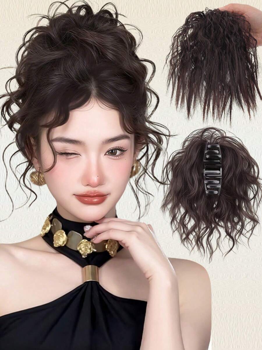 Tóc giả búi xoăn bằng len tổng hợp, kiểu tóc búi rối, tóc nối xoăn, tóc đuôi ngựa, búi tóc kiểu chignon, băng đô cài tóc cho nữ.