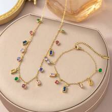 Set de 2 piezas de joyería lujosa y elegante, hecha de acero inoxidable chapado en oro de 18K, decorada con circonita cúbica multicolor, adecuada para que las mujeres la usen en vacaciones, fiestas y vida diaria - Multicolor - Ver 11