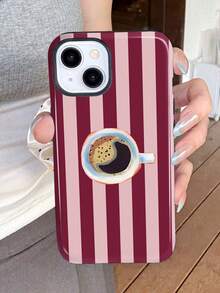 1pc Retro Oil Painting Striped Coffee Pattern Glossy 2-In-1 Filmic Hard Phone Case Compatible With Samsung/Compatible With IPhone 11/12/13/14/15/16/17 Pro Max - Multicolor - View 1
