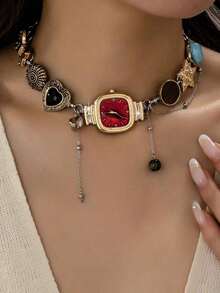 1pc Y2K Style Multi-Element Necklace With Watch/Heart/Star/Butterfly Charms, Fashionable Charm Necklace For Women, Ideal Valentine's Day Gift (Watch Design Symbolizes Capturing The Most Beautiful Moment And Sweetest Memories) - Square Green - 查看 1