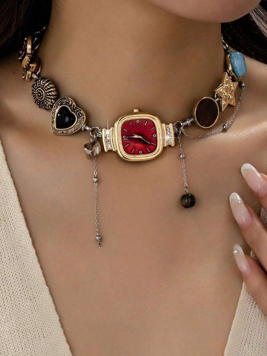 1pc Y2K Style Multi-Element Necklace With Watch/Heart/Star/Butterfly Charms, Fashionable Charm Necklace For Women, Ideal Valentine's Day Gift (Watch Design Symbolizes Capturing The Most Beautiful Moment And Sweetest Memories) - Square Green - 查看 1