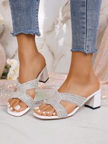 Glitter Decor Thick Sole High Heel Sandals - Girls' Chunky Heel Party Sandals - White - View 5