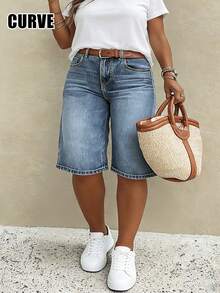 Shorts vaqueros Bermuda de talla grande de estilo vintage casual para mujer - Azul lavado medio - Ver 1