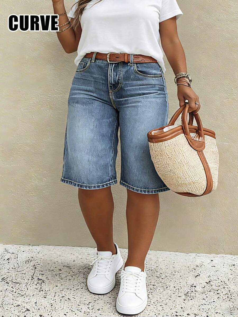 Shorts vaqueros Bermuda de talla grande de estilo vintage casual para mujer - Azul lavado medio - Ver 1