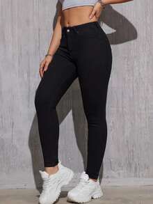 女士黑色弹力修身牛仔裤，适合约会、通勤、居家和休闲外出，简约街头时尚Y2K风格，春夏穿着，61%棉，柔软舒适。 - 黑色 - 查看 4