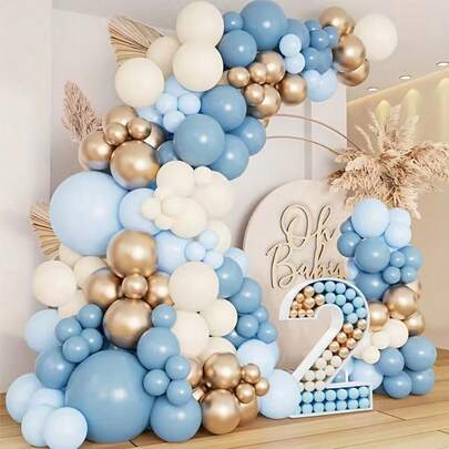 124pcs Dusty Blue Balloons Arch Garland Kit, Dusty Baby Blue Sand White Metallic Gold Balloons For Bridal Shower Gender Reveal Birthday