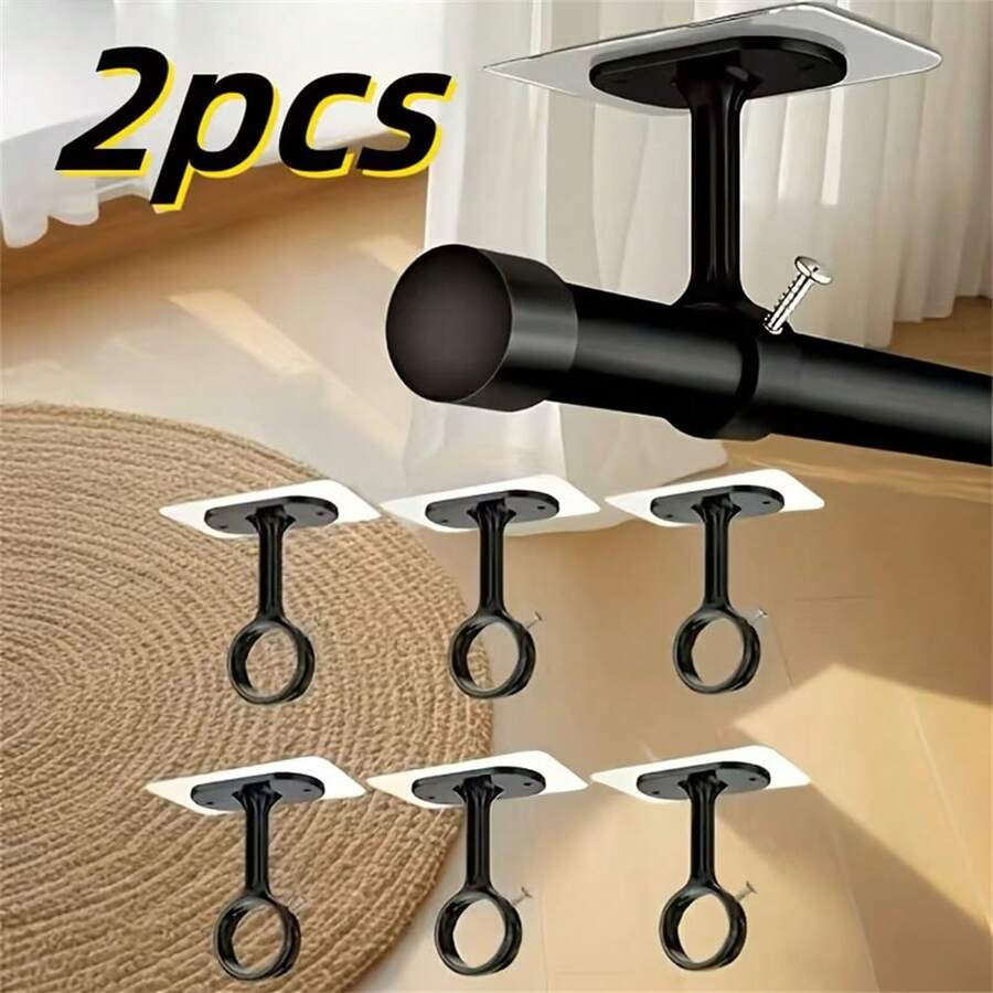 2 Pieces Of Ceiling Curtain Rod Brackets, No Drilling Required | Heavy-Duty Self-Adhesive, Adjustable Curtain Hooks, Suitable For Wardrobe And Bedroom, New Black Version Added, Utility Hooks - Multicolor - View 1