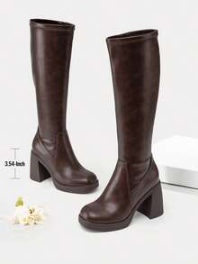 Athlefit Women's Stretch Knee High Boots - Platform Chunky Heel Square Toe Side Zip - 棕色 - 查看 5