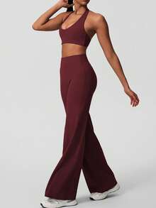 Sodalemon Sutiã esportivo feminino de cor sólida, modelo nadador com torção nas costas, ideal para ioga, fitness e atividades físicas. Elástico para treino, corrida e academia. - Vermelho - Ver 5