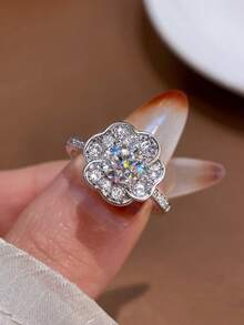 Newsoul 1pc 1 Carat Moissanite & Diamond Flower Engagement/Wedding Ring, 925 Sterling Silver Luxury Jewelry, Valentine's Day Gift - Silver - View 7