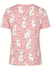 Áo đồng phục y tế tay ngắn cổ chữ V in hình thỏ hoạt hình, có túi, màu hồng, mùa xuân. - Hồng - Xem 3