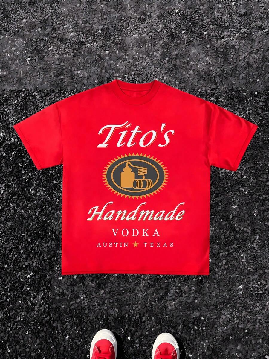 1pcs Tito's Handmade Vodka Print TShirt, Austin Texas 100% Cotton TShirt Men's Graphic TShirt Summer Cool TShirt Perfect Gift - Red - View 1