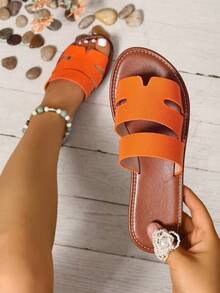 Ximi Ruo Wide Fit Rhinestone Embellished Comfortable Slippers, Korean Casual Flat Sandals For Women, Open Toe Slides For Spring, Summer, Beach, Casual Wear - Orange - View 2