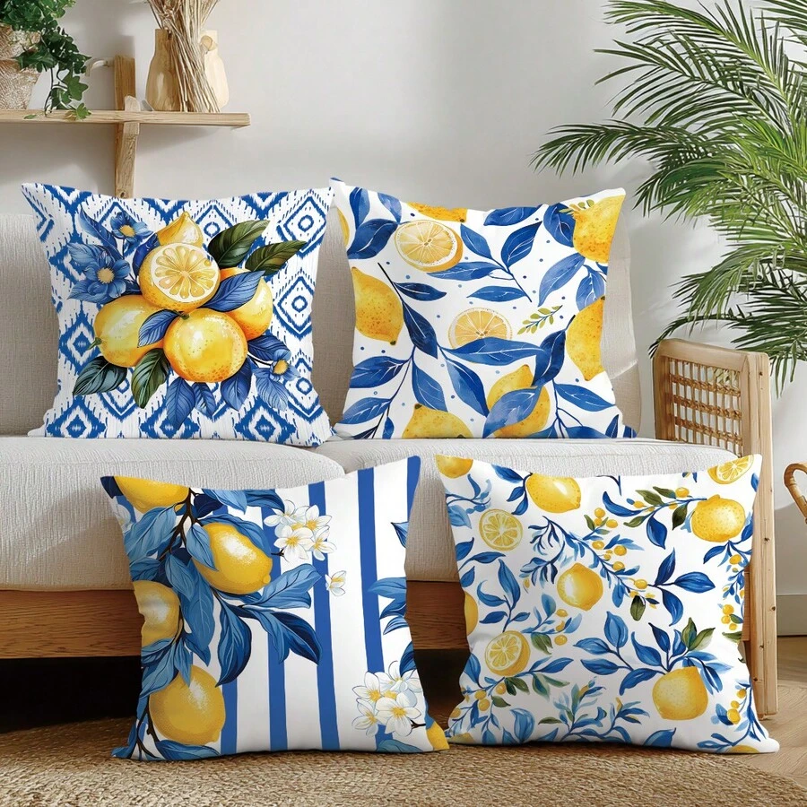 4 pièces Set de simples housses de coussin rayées bleues et citrons pour usage quotidien, en matériau velours pêche imprimé sur un seul côté, tailles 45*45/50*50/40*40CM. Convient pour la décoration minimaliste moderne de salon, cadeau, décoration de fête. - Multicolore - Voir 1