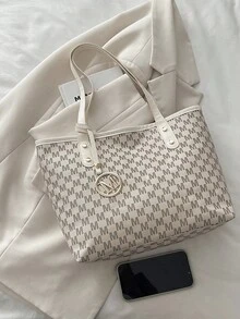 Women's Tote Bag With Letter Charm & Printed Design, Casual Versatile Shoulder Bag - White - View 5