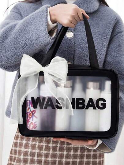 1个丝带装饰化妆包，大容量便携收纳包，适用于浴室、淋浴和旅行 - 防水、多功能、便携式沙滩旅行洗漱包，时尚字母图案礼品，适合青少年女孩和女性，透明收纳袋，适合旅行、返校、浴室、宿舍等场合，可收纳化妆工具，夏季假期浴室装饰化妆收纳包，浴室配件，返校必备