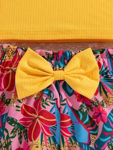 Young Girls Frill Trim Sleeveless Camisole Top + Sunflower Print Bow Shorts Set - Multicolor - View 3