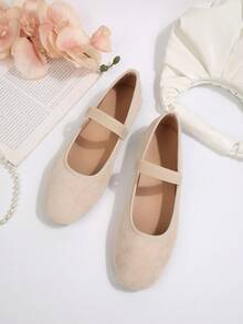 女士芭蕾舞鞋，米色休闲平底鞋，方头套脚鞋，带松紧带，适合日常通勤和办公穿着 - 米色 - 查看 4