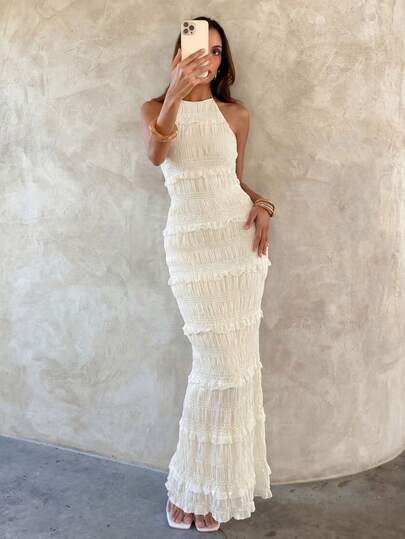 Women's Ivory Ruffled Backless Dress, Spring/Summer