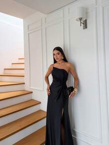 Long Strapless Formal Dress With An Elegant Knot, Perfect For Bridesmaids, Graduation, Or Weddings. - màu đen - Xem 3