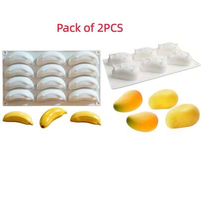 2pcs Silicone Banana & Mango Shaped Cake Molds, With 6 Hollow Sections And Smooth Edges, Reusable For Mousse, Chocolate, Sponge Cake, Cheese, Ice Cream, Jelly, Pudding DIY, Easy Demold, Suitable For Easter, Christmas, Valentine's Day, Graduation Party, Birthday Party, Durable Soft Kitchen Tool, Oven