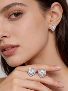 新款欧美风铜质微镶锆石心形耳钉，女士结婚周年纪念礼物 - 彩色 - 查看 10