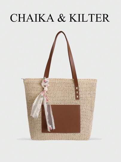 Túi đeo vai bằng rơm màu trơn CHAIKA & KILTER, túi xách nữ phong cách thường ngày, dung tích lớn, thiết kế rỗng, hai quai xách, khóa kéo, phù hợp cho đi làm hàng ngày và du lịch (Kèm khăn quàng cổ)