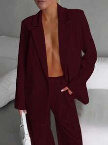 Elegant Business Casual Two-Piece Suit, Single Button Lapel Suit Jacket And Slim Fit Pants, Women's Clothing - Đỏ - Xem 3