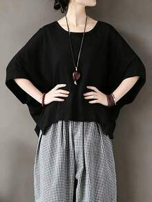 纯色宽松亚麻不规则下摆T恤，宽松七分袖圆领上衣，宽松修身设计，宽松蝙蝠袖独特款式，适合通勤和休闲穿着 - 黑色 - 查看 4