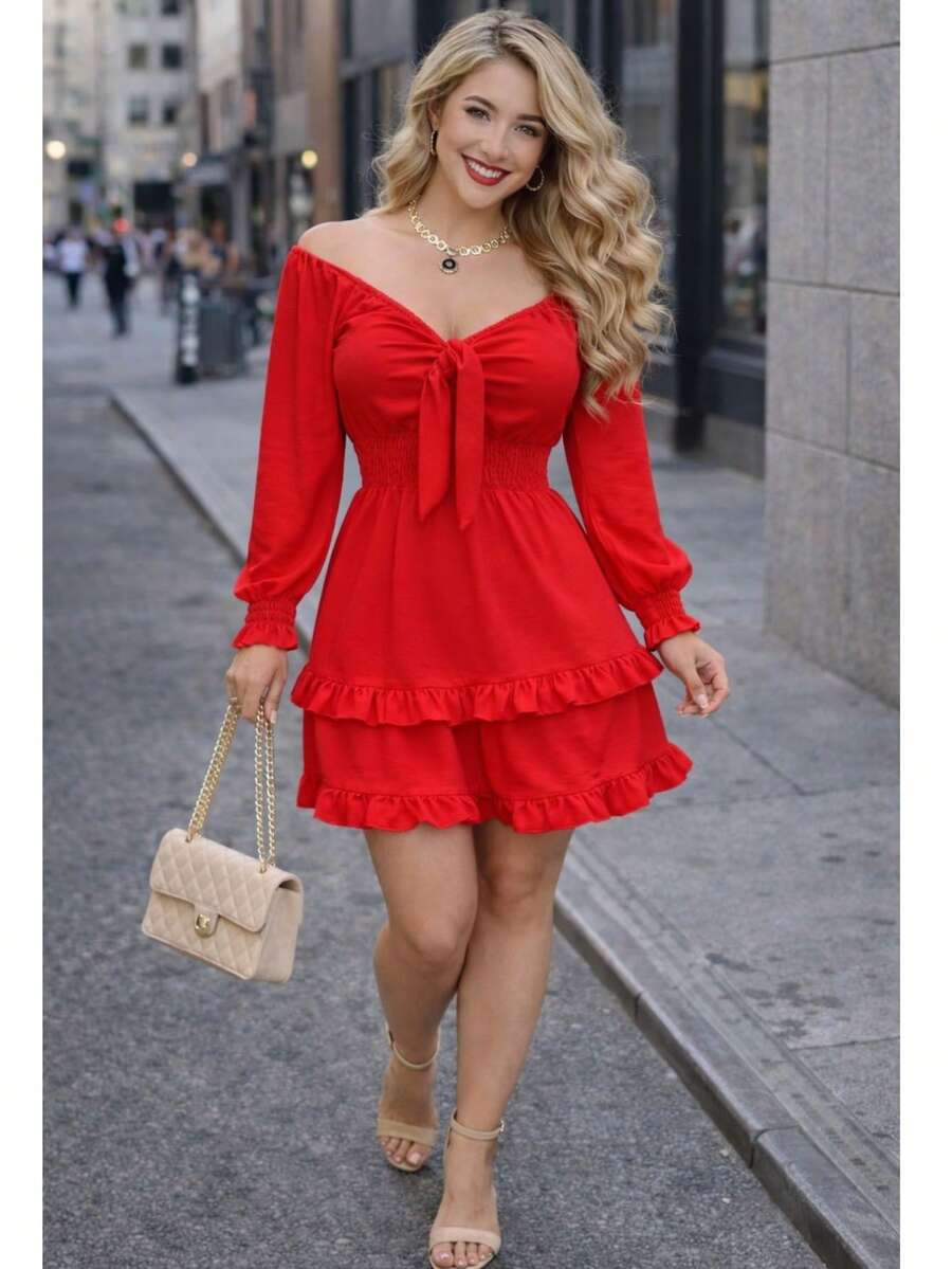 SHORT DRESS WITH LONG SLEEVES AND SPRING, COUNTRY STYLE, DOUBLE Ruffle, CEY FABRIC. MOD. ELSIE - Red - View 1