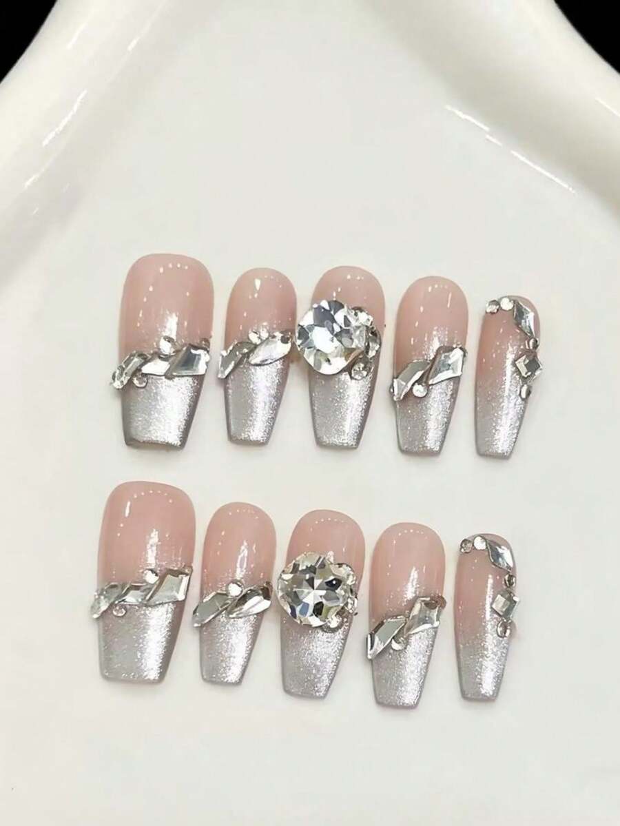 10PCS Long Coffin Handmade Press On Nails For Party And Daily Wear, Silver Nails, Cat's Eye,Shiny And Dazzling, Easy To Wear10pcs Y2K Handmade Press On Nails,Shining Bright , Nails,Suitable For Girls And Women Festivals Parties And Daily Wear.Suitable For Spring And Summer