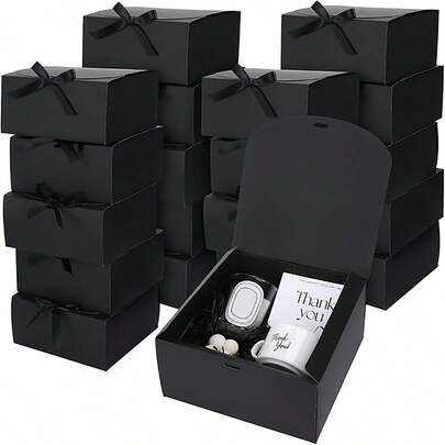 [Black Kraft Paper Gift Box] 12 Black Kraft Paper Gift Boxes, Equipped With Ribbons, Multi-Purpose Large Boxes, 7.97x7.97x3.94 Inches, Suitable For Jewelry Display, Proposal, Gifts, Christmas, Thanksgiving, New Year, Birthday Gift Packaging